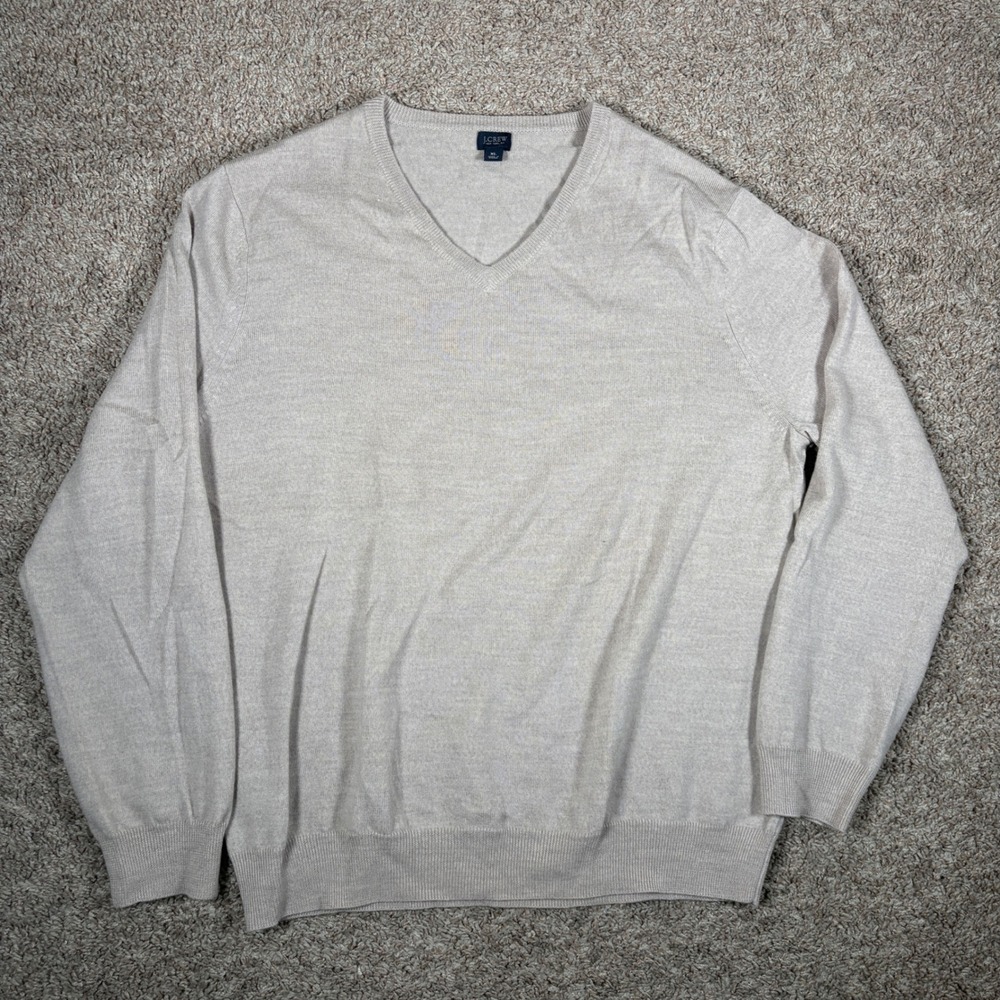 J.Crew Mens XL Merino Wool V-Neck Sweater Oatmeal Beige Pullover Grandpa‎ Cabin